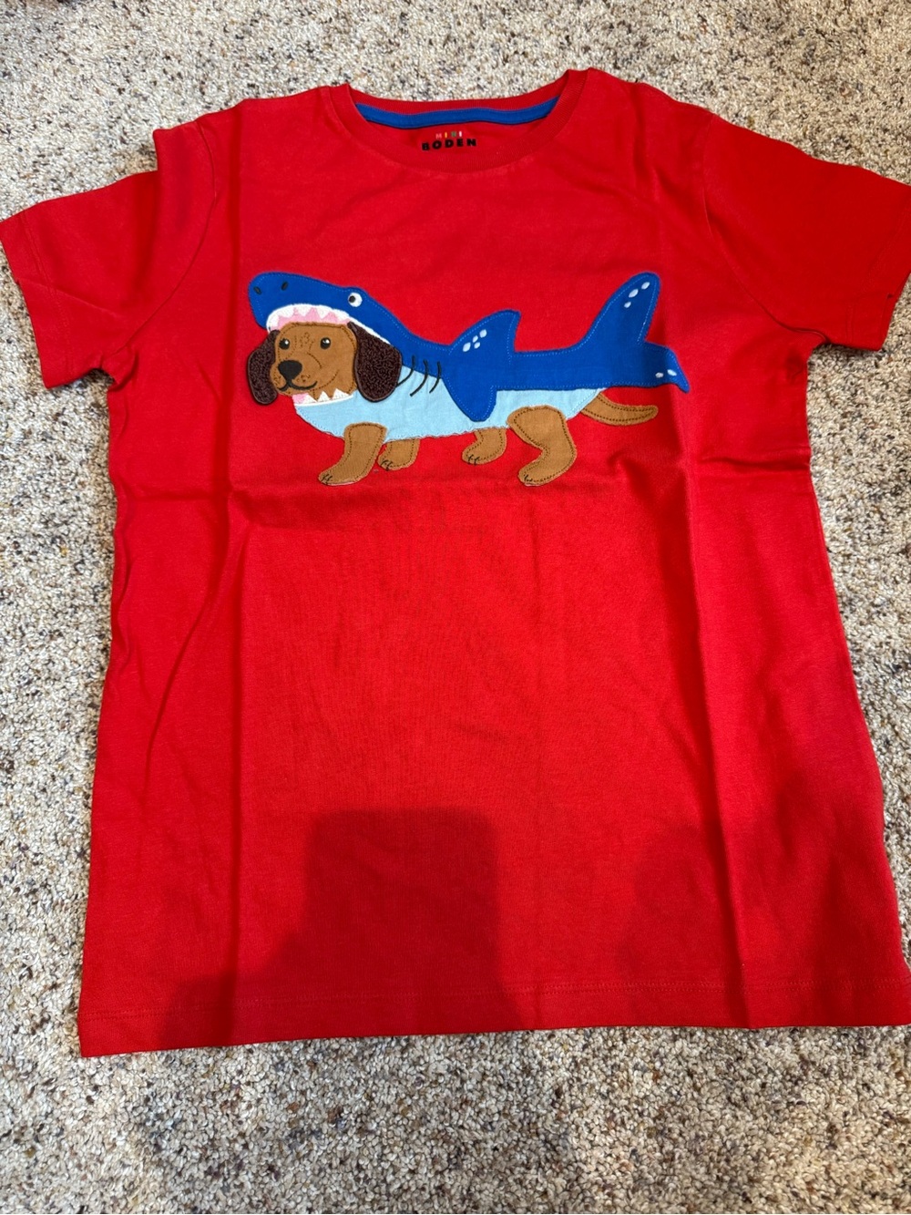 Mini Boden Red Tee with Blue Shark-Dog Applique